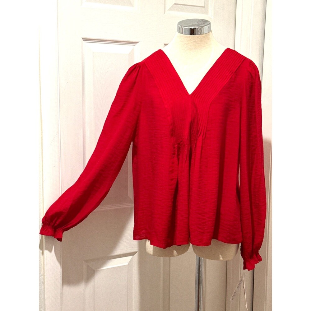 NANETTE LEPORE Red XL Pleated V-Neck Long Sleeve Top Romantic Office NWT